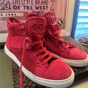 CHANEL Vibrant Red Mesh High-Top Sneakers
